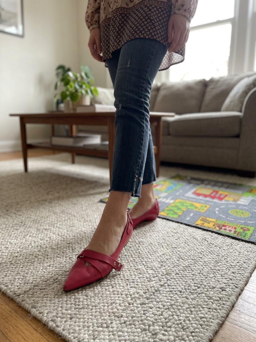 Wanted Red Pointed Toe Leather Flats with Strap Detail